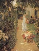 Childe Hassam Gathering Flowers in a French Garden oil painting reproduction